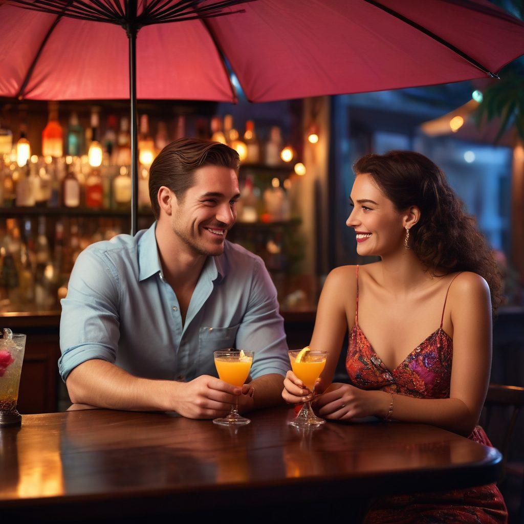 A cozy, dimly lit bar scene with a couple making eye contact over cocktails, their smiles hinting at intrigue and chemistry. Include soft glow from hanging lights, colorful drinks with umbrella garnishes on the table, and a backdrop of other couples mingling. The atmosphere is inviting and charged with romance. super-realistic. warm tones. intimate vibe.