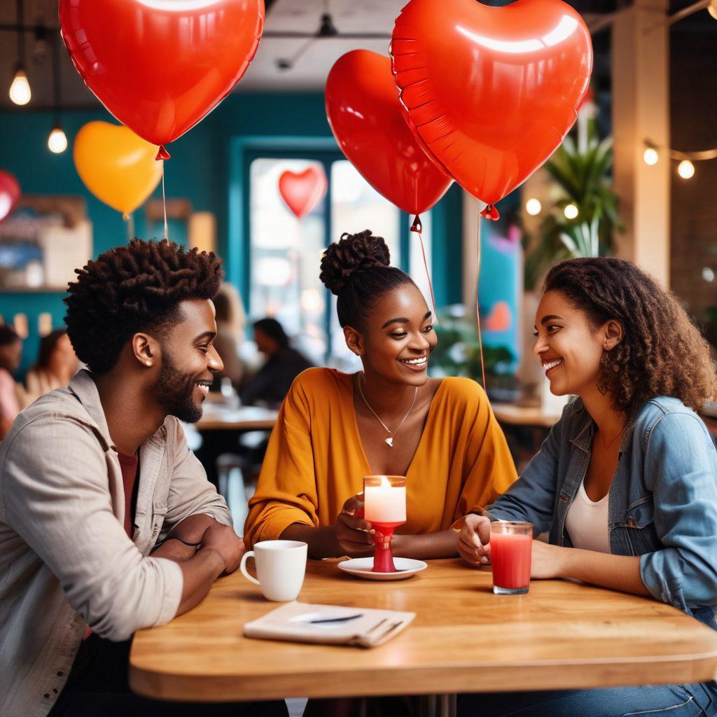 A vibrant and inviting scene depicting a diverse group of people smiling and engaging in conversation at a stylish café, with romantic elements like heart-shaped balloons and candles on the tables. In the background, subtle hints of dating app notifications on mobile devices, symbolizing adult dating services. The atmosphere should exude warmth and connection, highlighting the journey from casual flirting to meaningful relationships. super-realistic. vibrant colors. modern design.