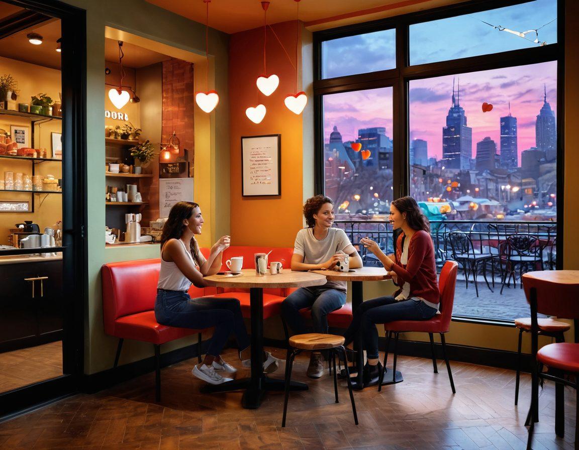 A captivating scene depicting two people engaged in a lighthearted conversation at a trendy café, surrounded by playful elements like hearts and subtle hints of romance in the air. The background should feature a vibrant cityscape that suggests adventure and excitement, with soft lighting creating an inviting atmosphere. Include diverse characters showcasing friendly body language, symbolizing openness to casual encounters. super-realistic. vibrant colors. urban setting.